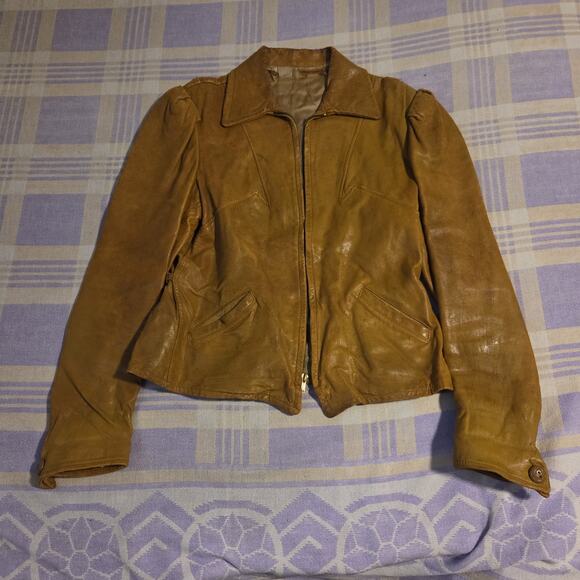 Vtg 1930s 40s Brown HORSEHIDE Half-Belt Motorcycle LEATHER JACKET Rare Worn Soft - Picture 1 of 16